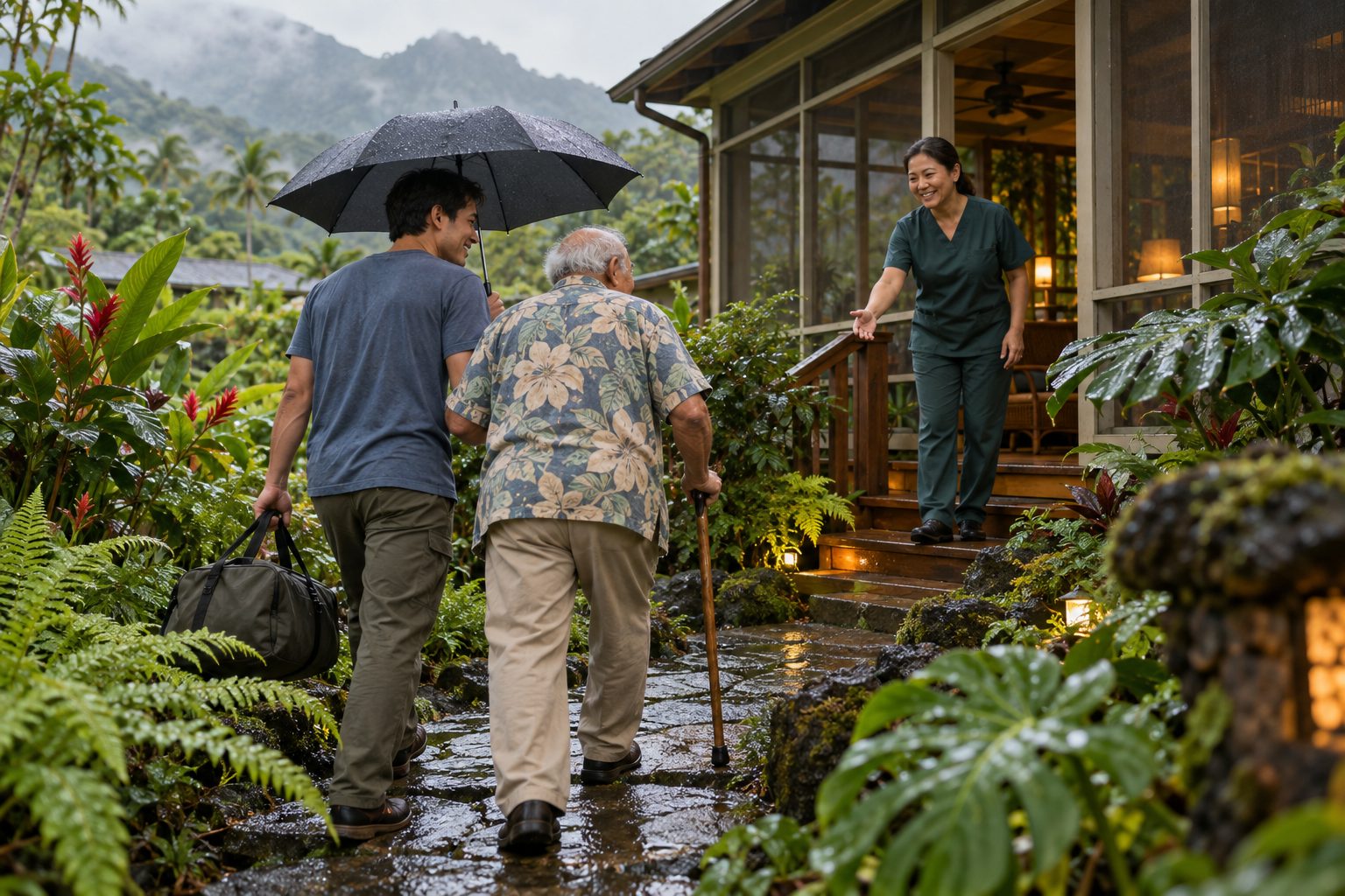 A son walking his father, who uses a cane, to a care home in the rain