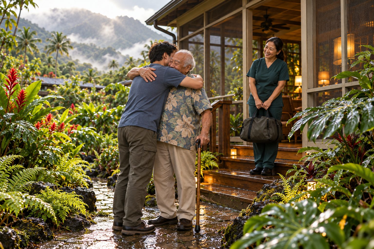A son hugging his father on the path to a care home as a caregiver waits on the lanai
